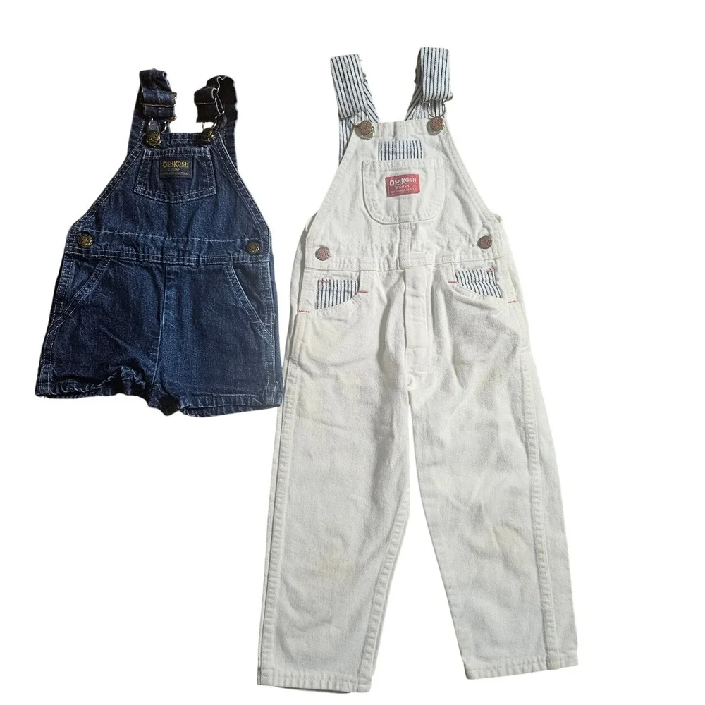 Lot of 2 Vintage OshKosh B'gosh Overalls Denim Shortalls Set 12M Made in USA
